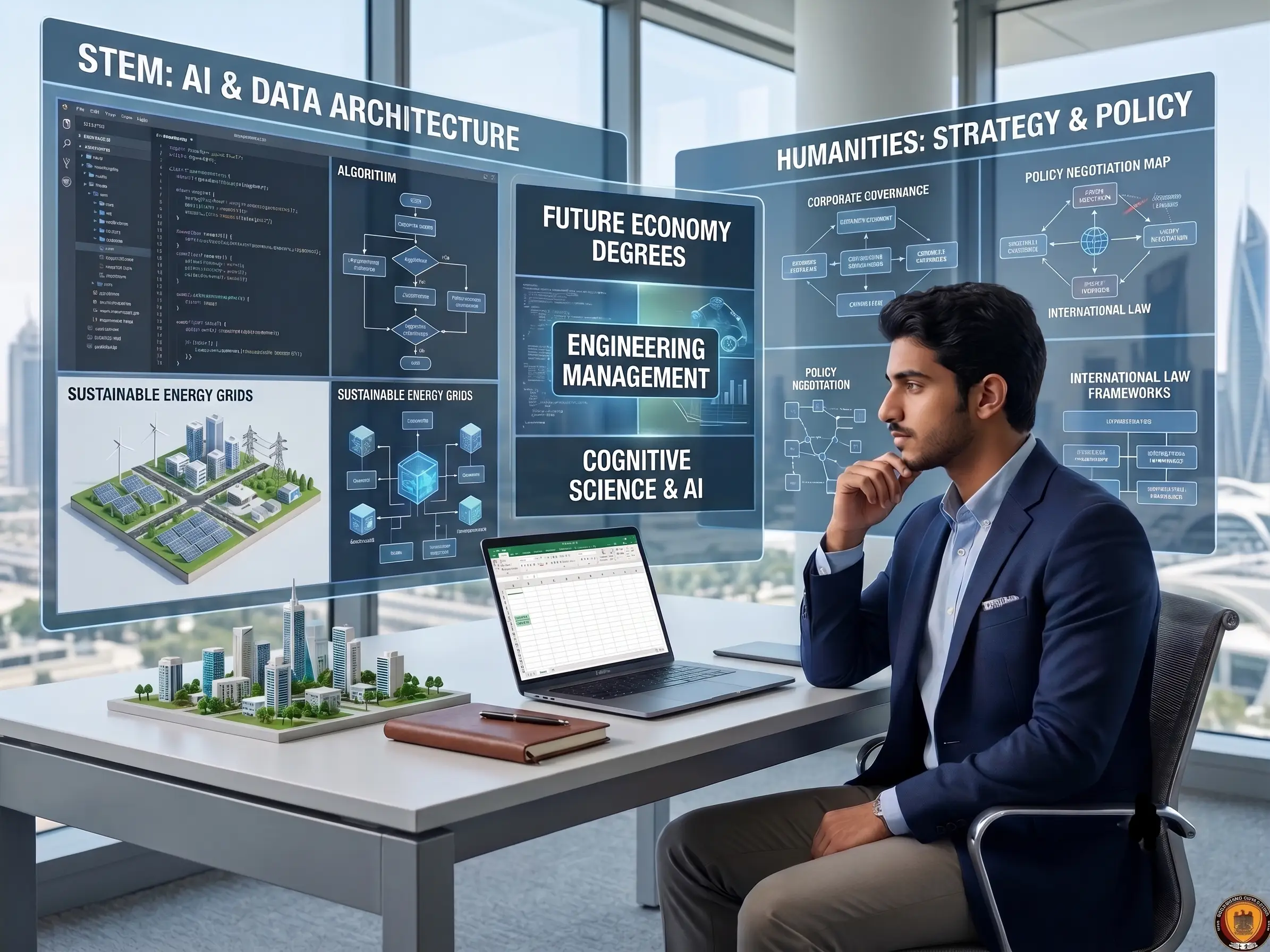 Photorealistic CGI of male students in a modern GCC academic setting comparing STEM vs Humanities MENA future economy degrees, featuring cinematic executive noir lighting.